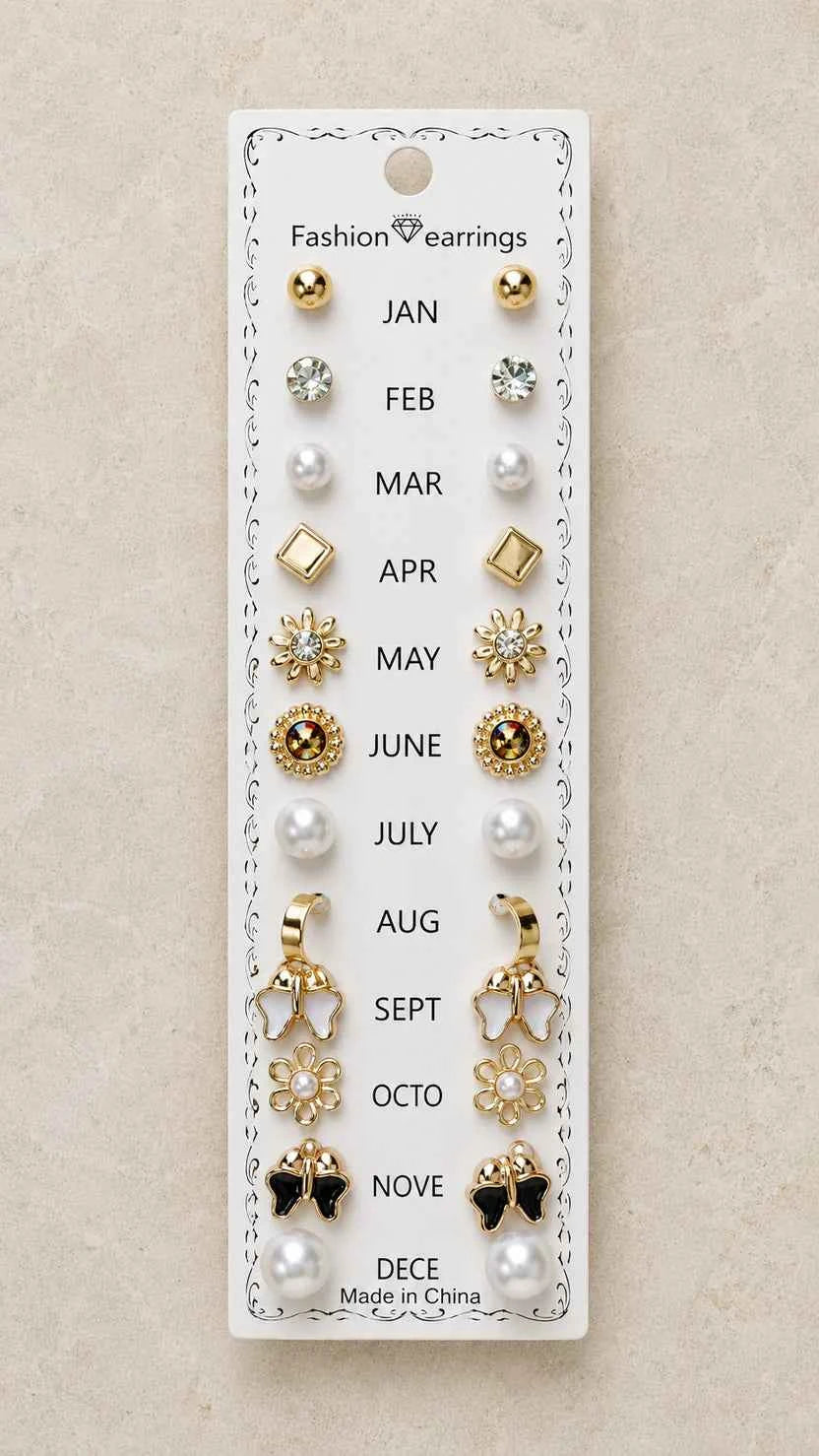 12-Pair Monthly Calendar Earring Stud Set – Versatile Daily Fashion Jewelry Collection