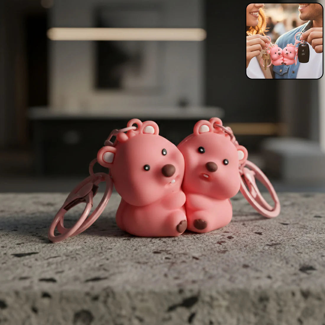 Cute Couple Bear 2-in-1 Matching Keychain Set – Durable Rings - Multicolour
