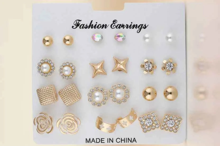 Mix, Match, and Shine: 12-Pair Elegant Gold & Pearl Stud Earring Set