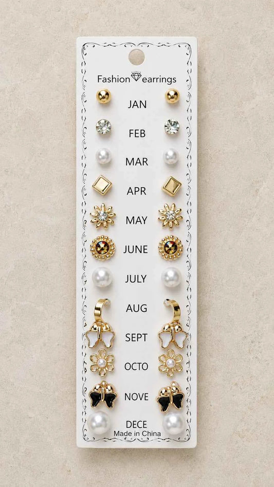 12-Pair Monthly Calendar Earring Stud Set – Versatile Daily Fashion Jewelry Collection