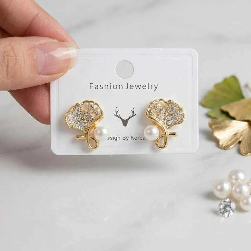 Ginkgo Leaf Pearl Studs: Nature-Inspired Elegant Gold Earring Set