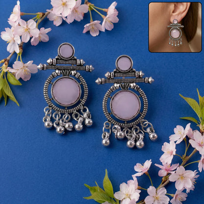 Oxidized Silver Pink Stone Earrings – Antique Boho Dangle