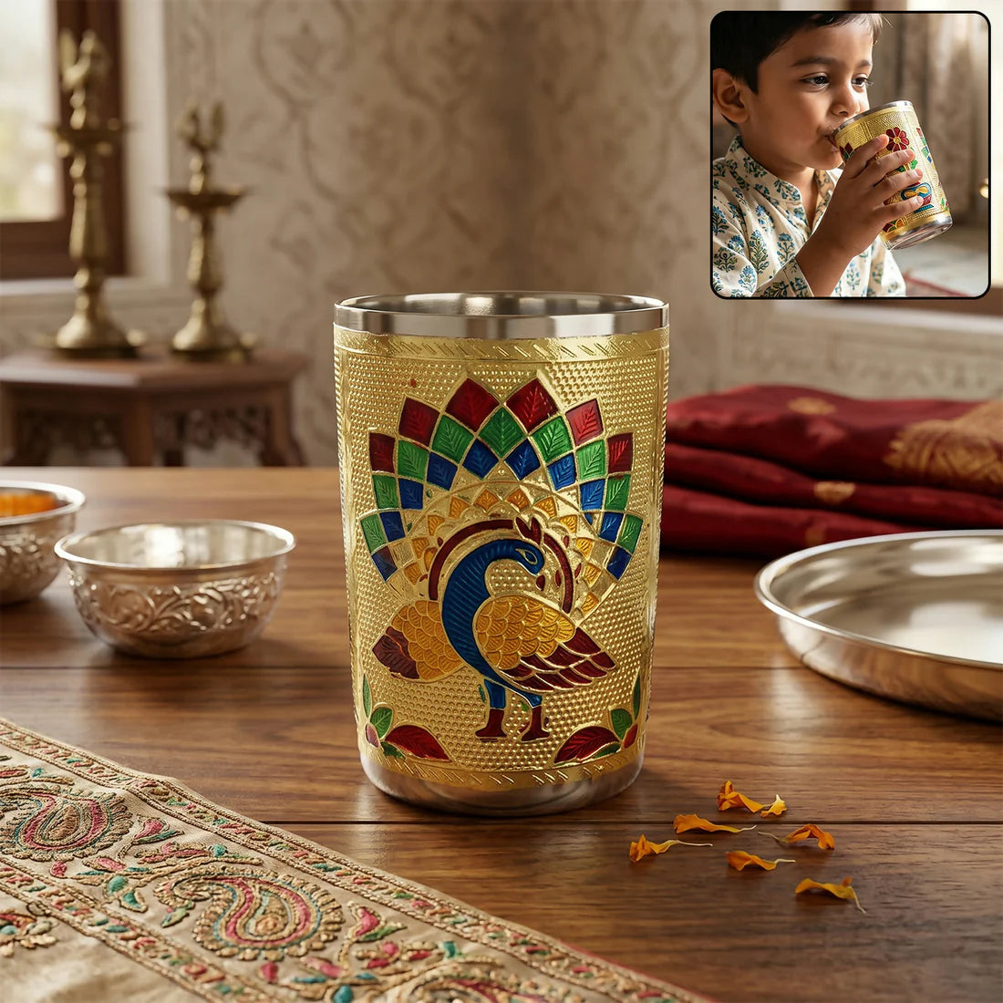 Golden Meenakari Peacock Design Stainless Steel Drinking Glass for Home & Festive Use - 1 pcs