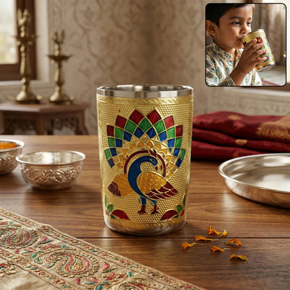 Golden Meenakari Peacock Design Stainless Steel Drinking Glass for Home & Festive Use - 1 pcs