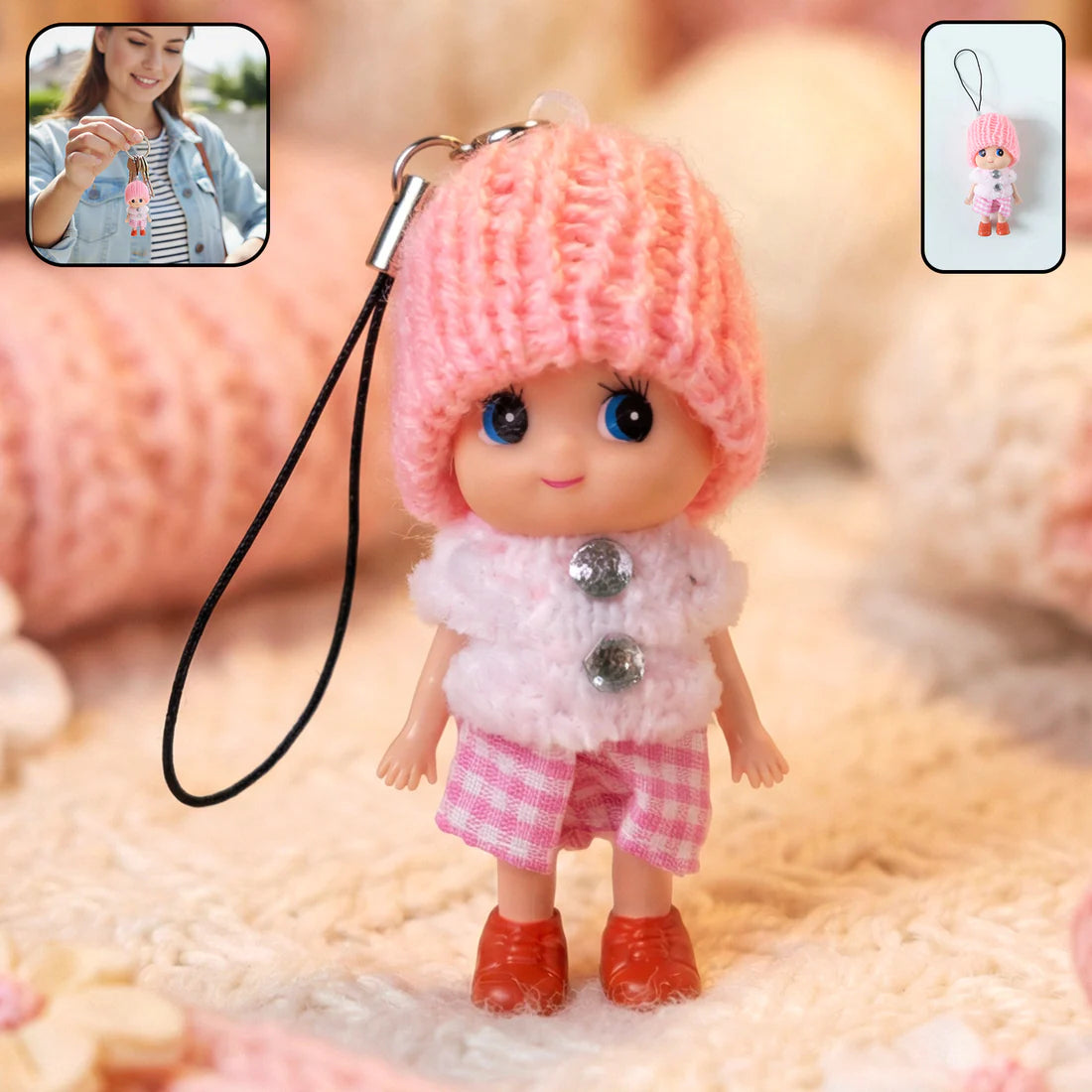 Cute Mini Doll Keychain with Soft Knitted Cap – Mixed Colors - 1 pcs
