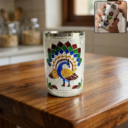Silver Meenakari Peacock Stainless Steel Drinking Glass - 1 pcs