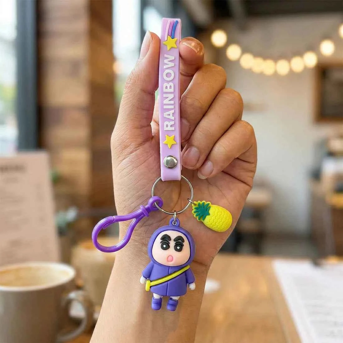 Cute Cartoon Doll Keychain with Strap and Pineapple Charm (1 Pc) - Multicolour