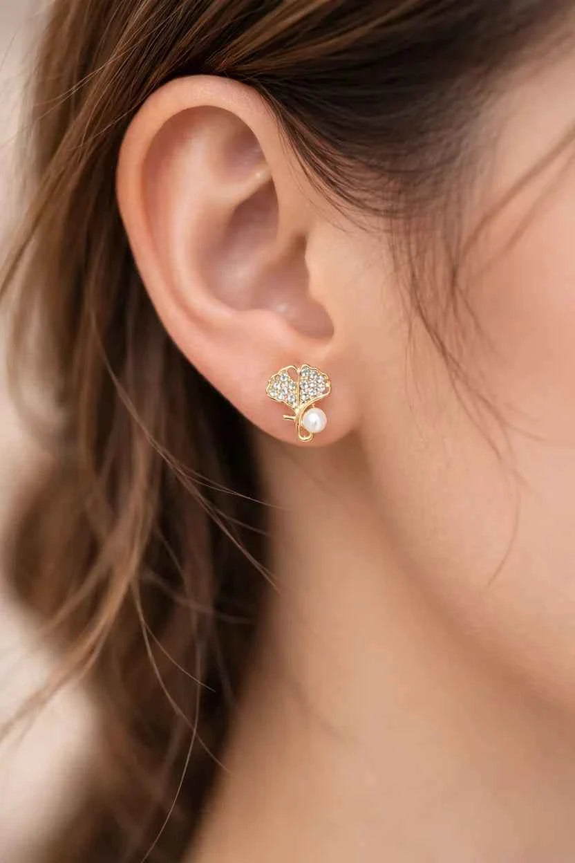 Ginkgo Leaf Pearl Studs: Nature-Inspired Elegant Gold Earring Set