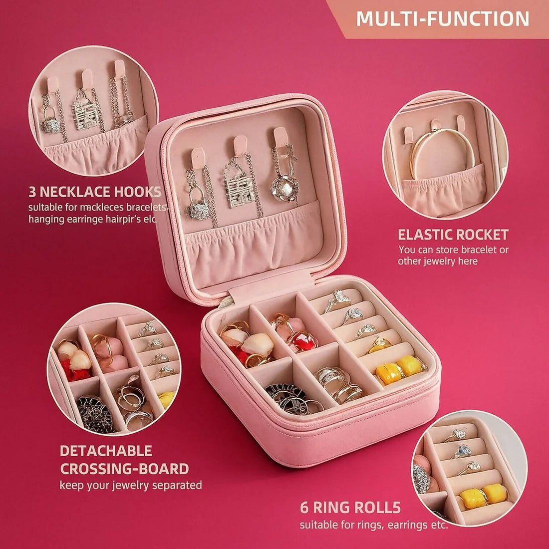 Pink Portable Travel Jewelry Box with Multiple Compartments - 1 pcs
