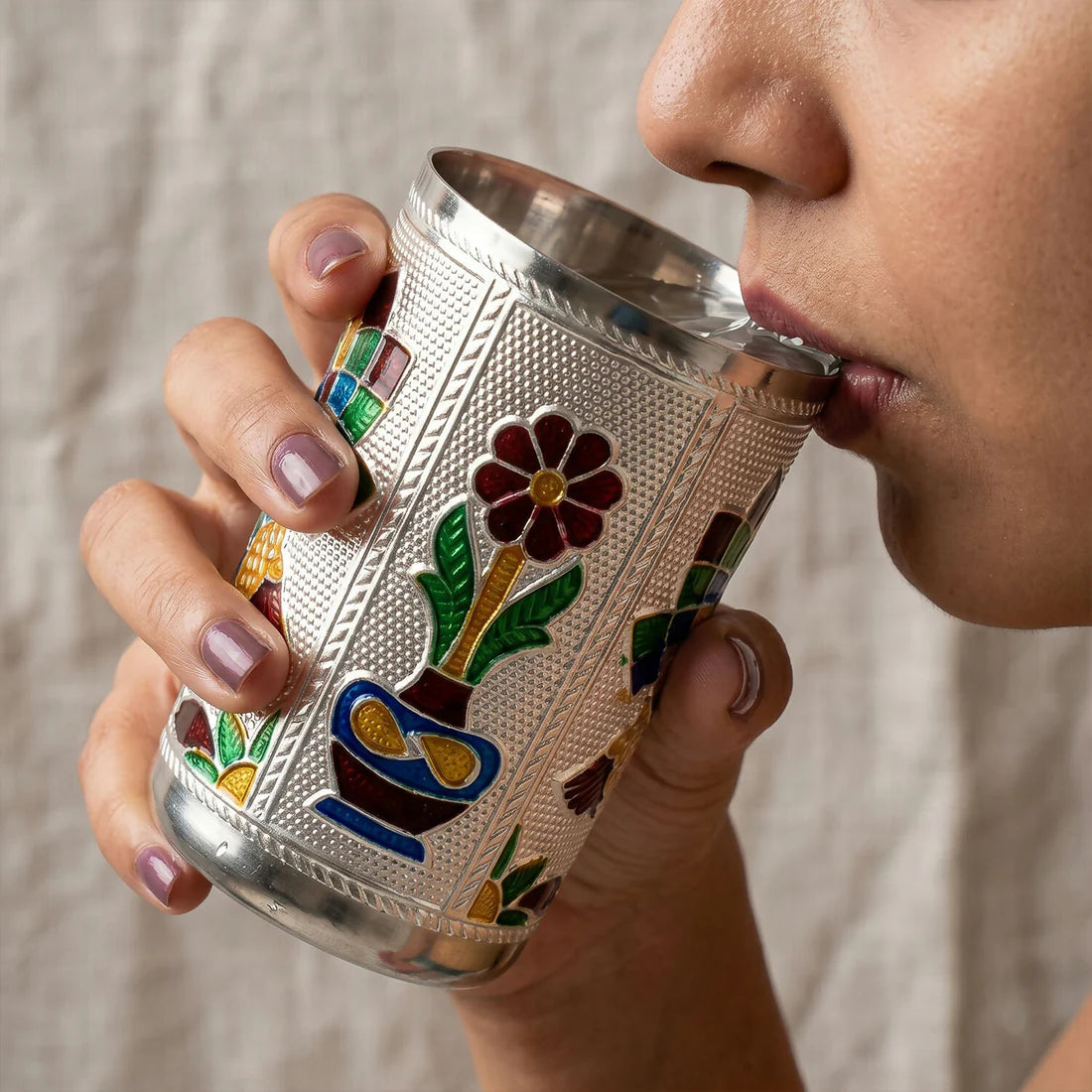 Silver Meenakari Peacock Stainless Steel Drinking Glass - 1 pcs