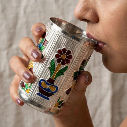 Silver Meenakari Peacock Stainless Steel Drinking Glass - 1 pcs