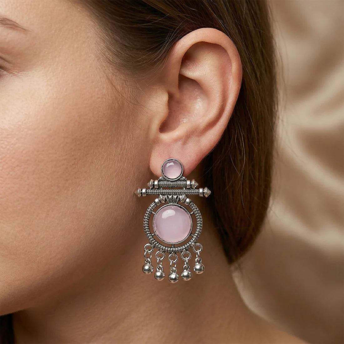 Oxidized Silver Pink Stone Earrings – Antique Boho Dangle