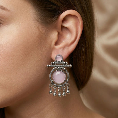 Oxidized Silver Pink Stone Earrings – Antique Boho Dangle