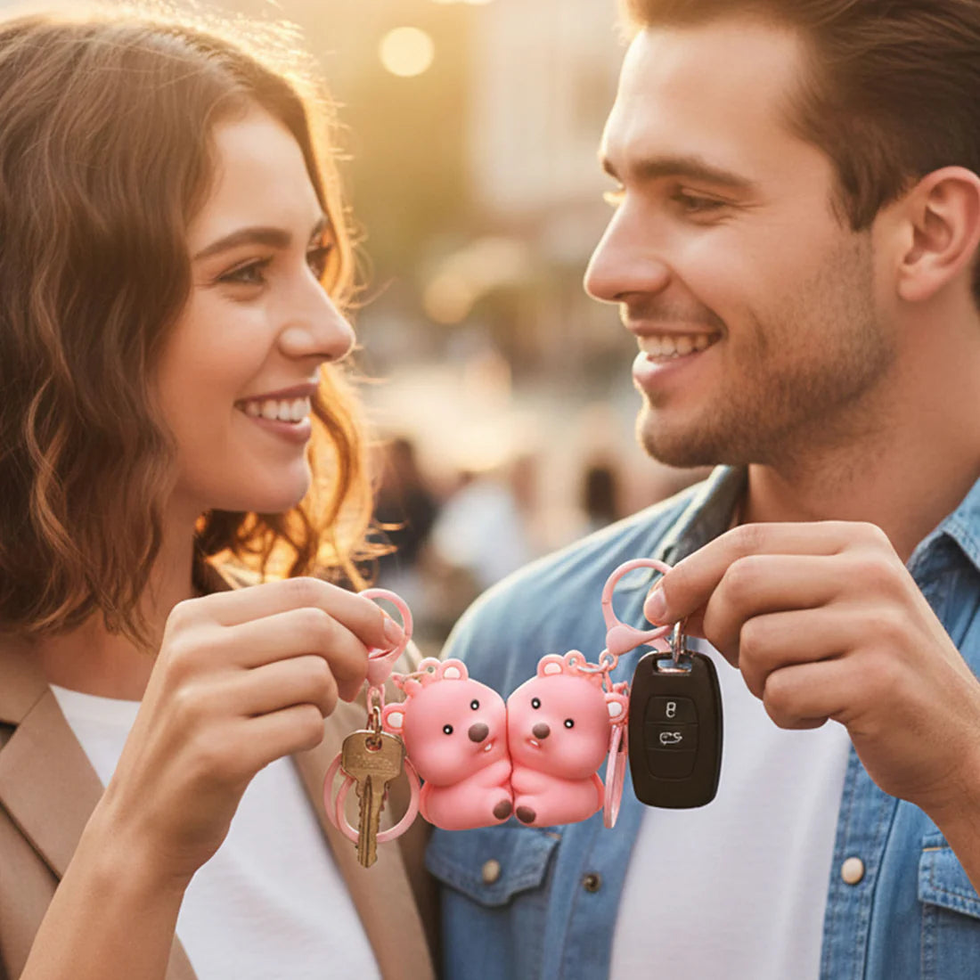 Cute Couple Bear 2-in-1 Matching Keychain Set – Durable Rings - Multicolour