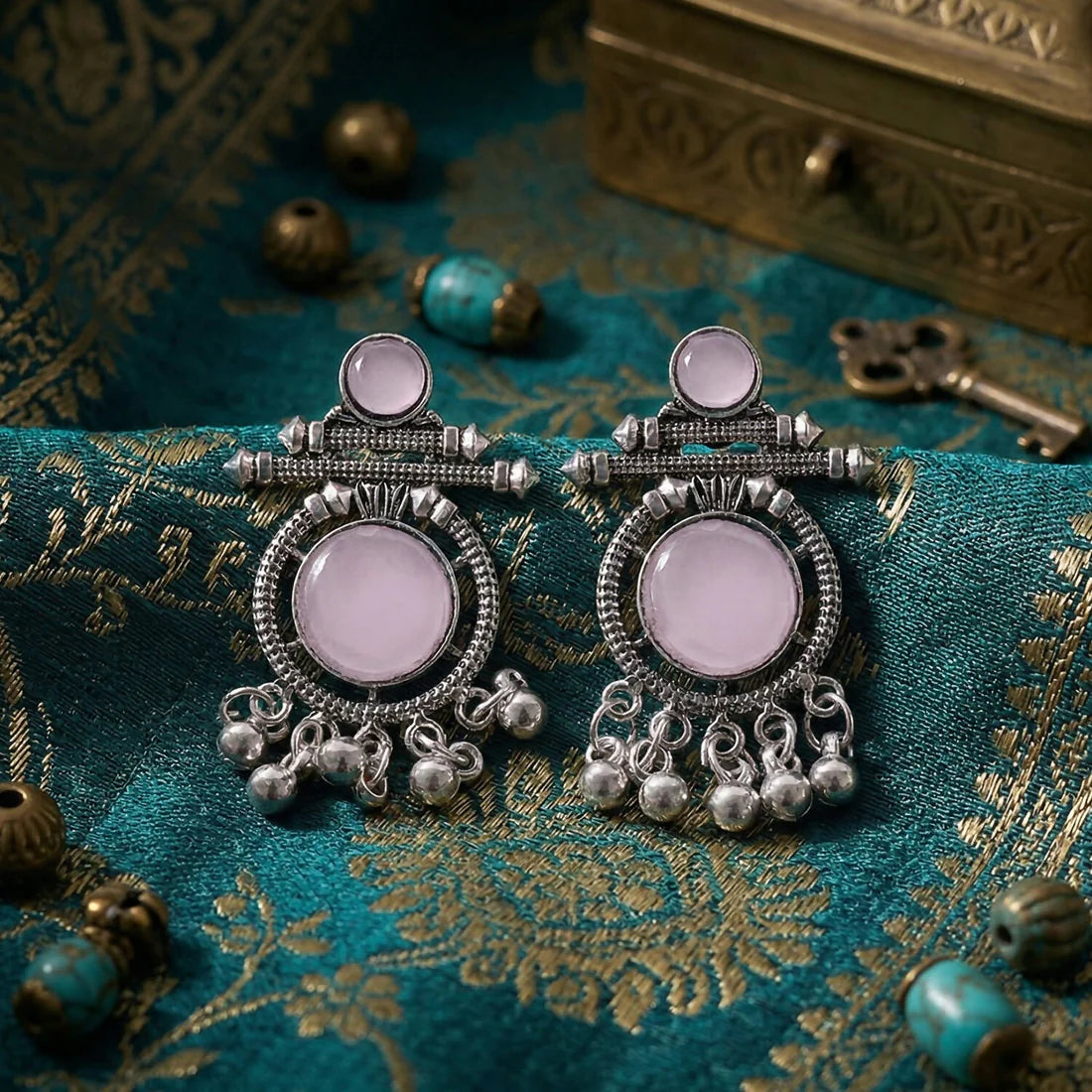 Oxidized Silver Pink Stone Earrings – Antique Boho Dangle