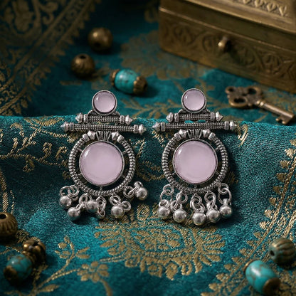 Oxidized Silver Pink Stone Earrings – Antique Boho Dangle
