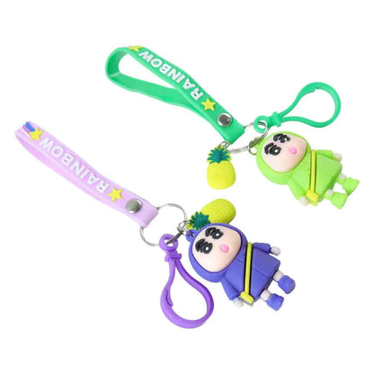 Cute Cartoon Doll Keychain with Strap and Pineapple Charm (1 Pc) - Multicolour