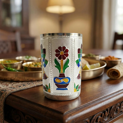 Silver Meenakari Peacock Stainless Steel Drinking Glass - 1 pcs