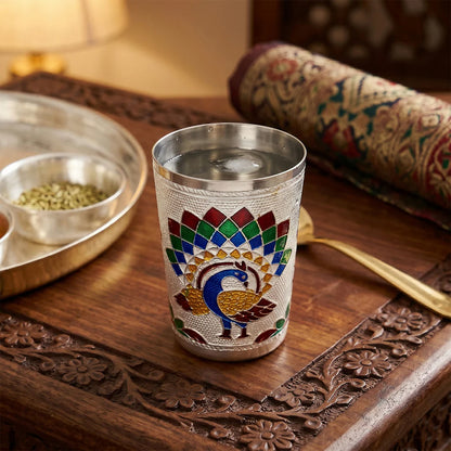 Silver Meenakari Peacock Stainless Steel Drinking Glass - 1 pcs