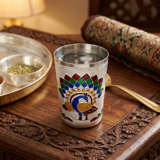 Silver Meenakari Peacock Stainless Steel Drinking Glass - 1 pcs