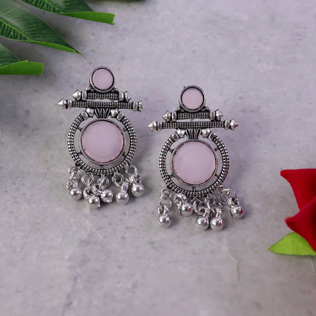 Oxidized Silver Pink Stone Earrings – Antique Boho Dangle