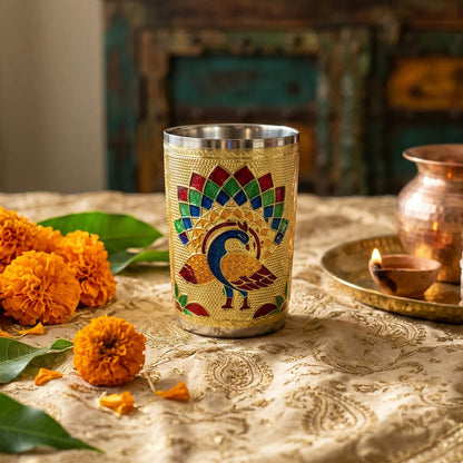 Golden Meenakari Peacock Design Stainless Steel Drinking Glass for Home & Festive Use - 1 pcs