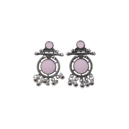 Oxidized Silver Pink Stone Earrings – Antique Boho Dangle