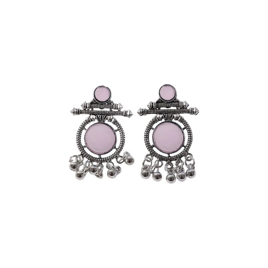 Oxidized Silver Pink Stone Earrings – Antique Boho Dangle