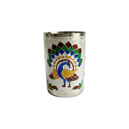 Silver Meenakari Peacock Stainless Steel Drinking Glass - 1 pcs