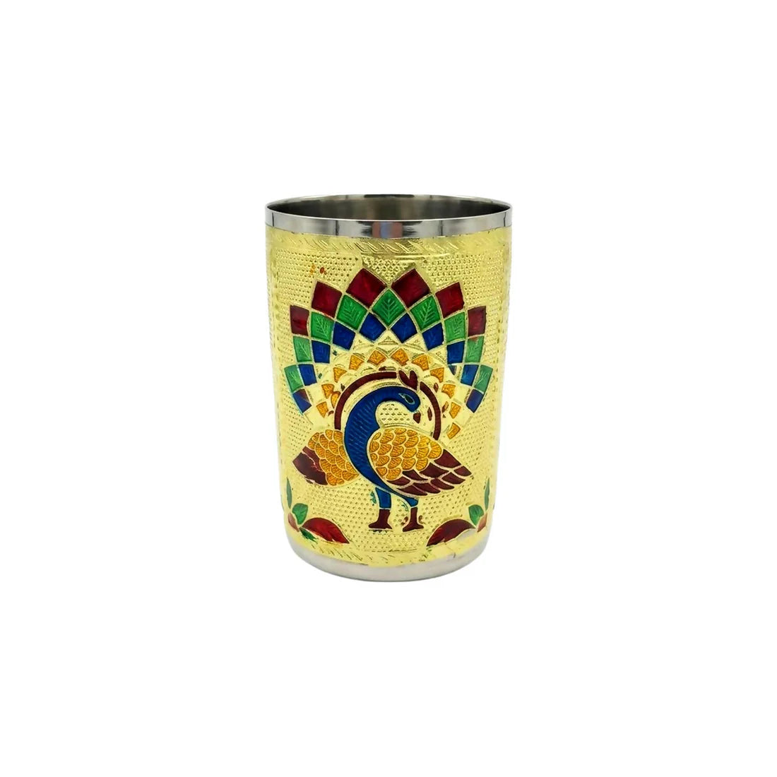 Golden Meenakari Peacock Design Stainless Steel Drinking Glass for Home & Festive Use - 1 pcs