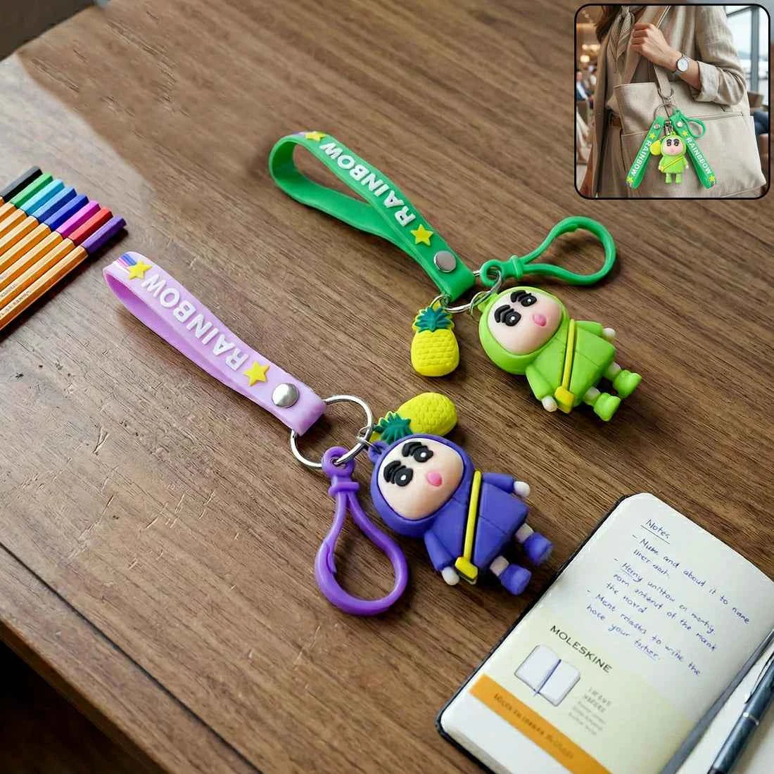 Cute Cartoon Doll Keychain with Strap and Pineapple Charm (1 Pc) - Multicolour