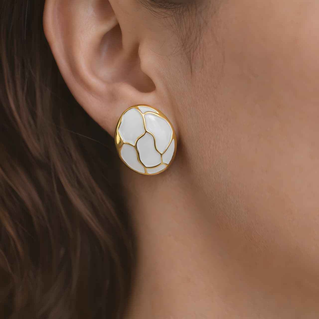 Vintage-Inspired Gold Plated White Mosaic Stud Earrings