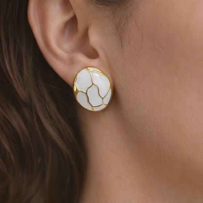 Vintage-Inspired Gold Plated White Mosaic Stud Earrings